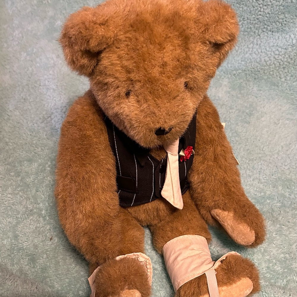 Adorable Brown Teddy Bear with Black Pinstripe Vest